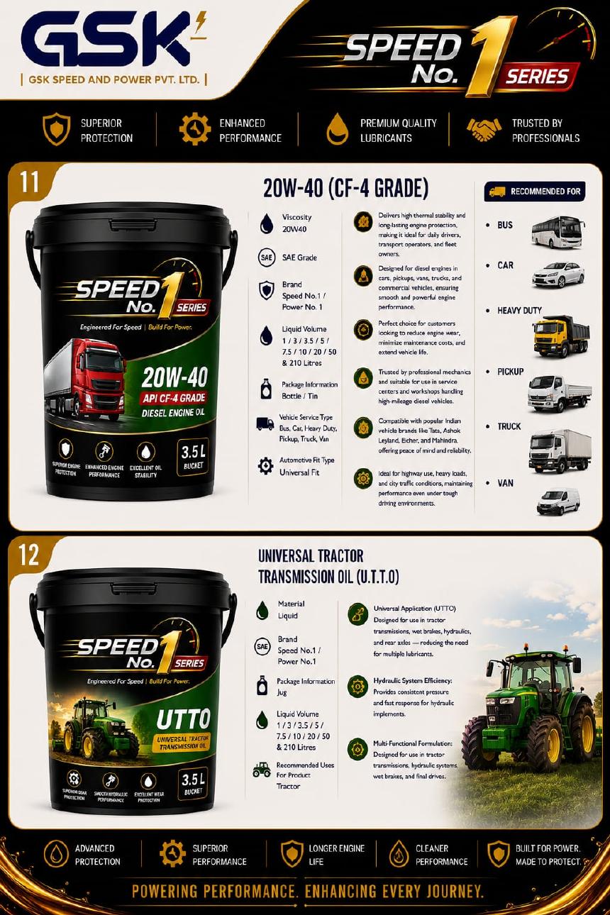 Speed No.1 diesel engine oil and UTTO tractor transmission oil
